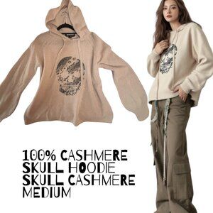 100% CASHMERE SKULL HOODIE SKULL CASHMERE BEIGE SWEATER MEDIUM $390